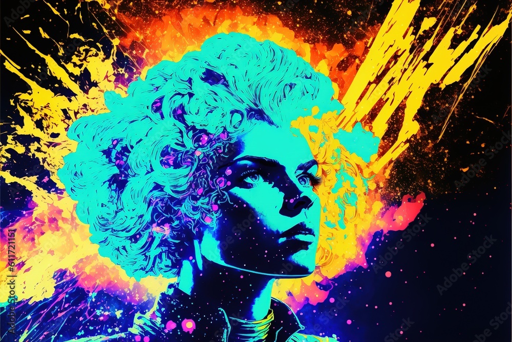 Φωτογραφία Contemporary abstract portrait of psychedelic cyberpunk girl with shocked hair, glowing hairstyle from electricity with fluorescent color design in double exposure