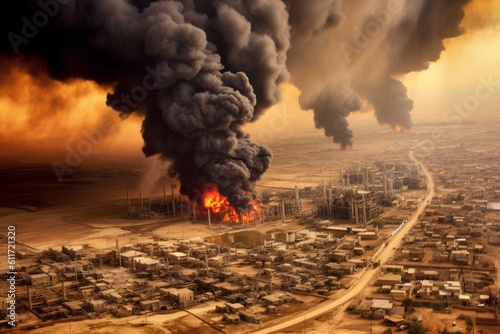 Intense devastation as thick smoke and flames engulf oil fields in Iraq, portraying the impact of war and destruction. Generative AI photo