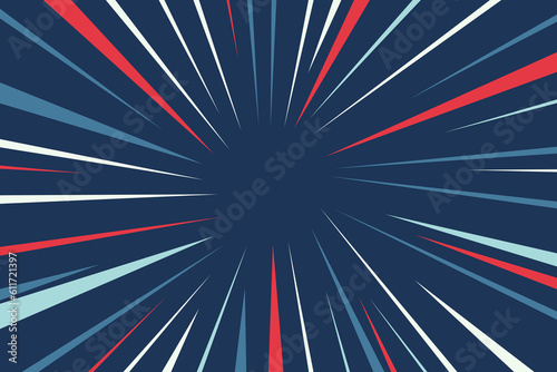  Manga brust frame. Comic book action lines. Cartoon background with colourful lines on blue background