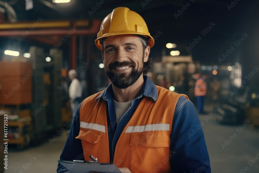 Smiling photo of worker man inside factory. Generative AI Smiling photo of worker man inside factory. Generative AI