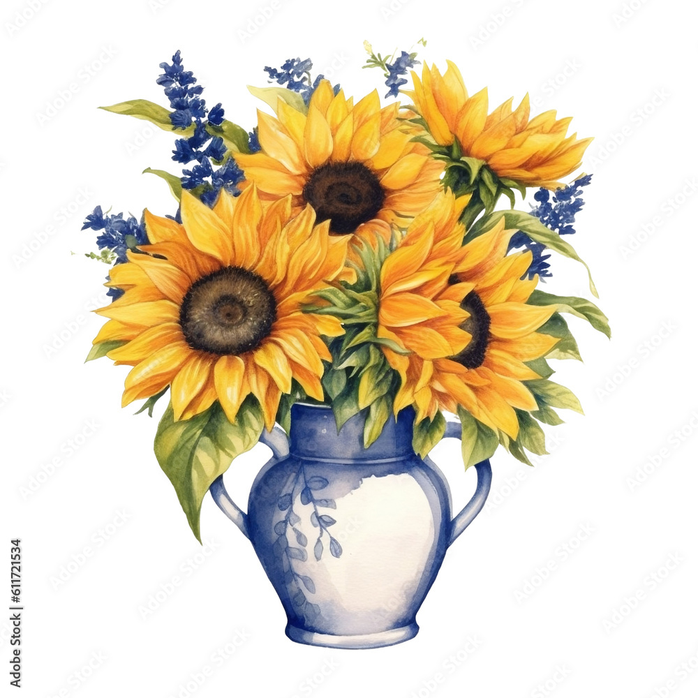 Watercolor rustic  sunflower blooming bouquet in vase, yellow flower for decoration elements. Generate AI