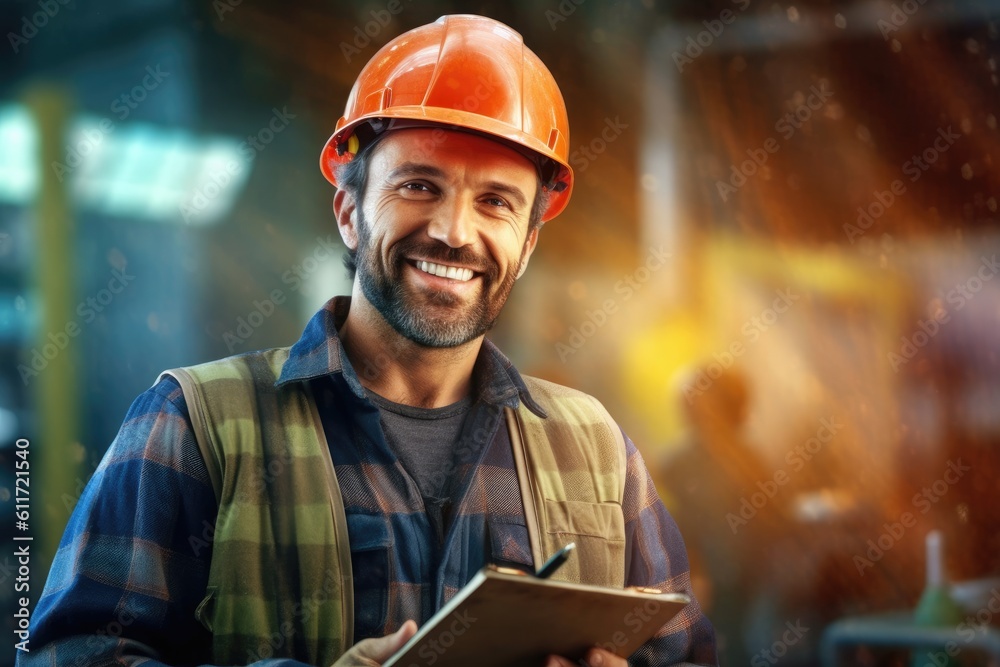 Smiling photo of worker man inside factory. Generative AI Smiling photo of worker man inside factory. Generative AI