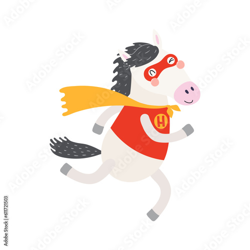 Cute funny horse superhero in costume cartoon character illustration. Hand drawn Scandinavian style flat design, isolated vector. Kids print element, cool, brave animal, comic book super hero