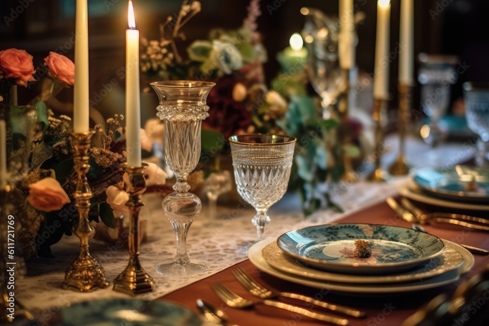 Photo of a beautiful dinner table prepared for New Year's Eve. Generative AI Photo of a beautiful dinner table prepared for New Year's Eve. Generative AI