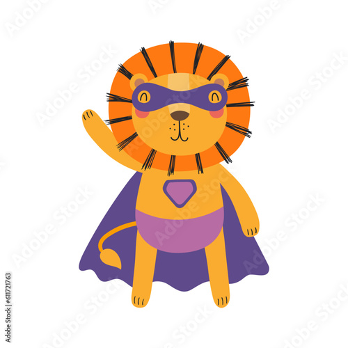 Cute funny lion superhero in costume cartoon character illustration. Hand drawn Scandinavian style flat design, isolated vector. Kids print element, cool, brave animal, comic book super hero