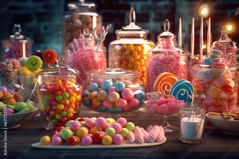 Colorful candies in jars on table on wooden background. AI generative