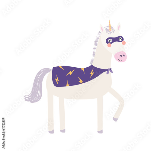 Cute funny unicorn superhero in costume cartoon character illustration. Hand drawn Scandinavian style flat design, isolated vector. Kids print element, cool, brave animal, comic book super hero