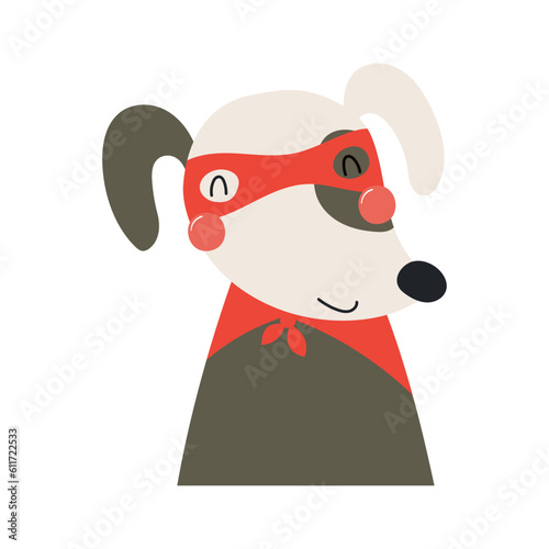 Cute funny dog superhero in costume cartoon character illustration. Hand drawn Scandinavian style flat design, isolated vector. Kids print element, cool, brave animal, comic book super hero