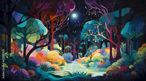 A psychedelic colorful illustration of  a forest in the night full of bushes and trees of different colors flat design vector style illustration Generative Ai  