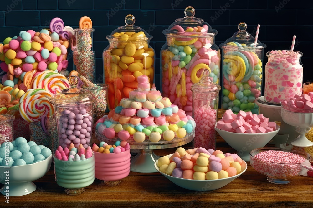 Colorful candies in jars on table on wooden background. AI generative