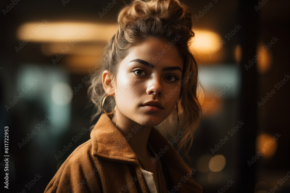 A young girl with a messy bun in a brown jacket Generative Ai A young girl with a messy bun in a brown jacket Generative Ai