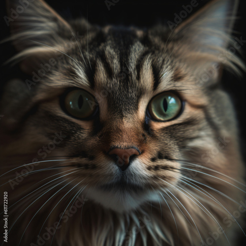 A close up of a cat with green eyes isolated on a black background Generative Ai
