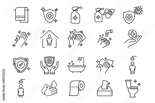 Hygiene icon set. Includes hygiene of hands, disinfection, hand washing, toilet cleaning, Cleanliness concept. Line icon style design. Simple vector design editable