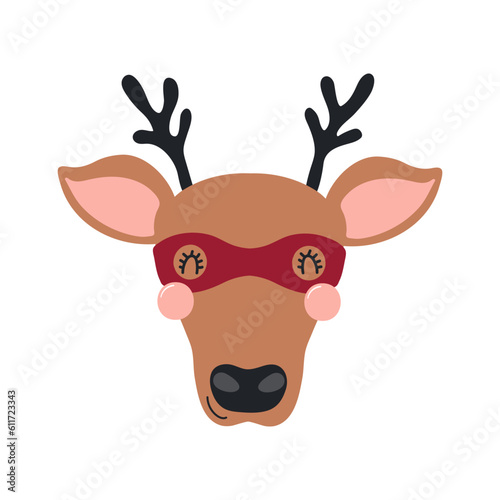 Cute funny deer superhero face in mask cartoon character illustration. Hand drawn Scandinavian style flat design, isolated vector. Kids print element, cool, brave animal, comic book super hero