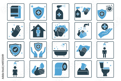 Hygiene icon set. Includes hygiene of hands, disinfection, hand washing, toilet cleaning, Cleanliness concept. Solid icon style design. Simple vector design editable