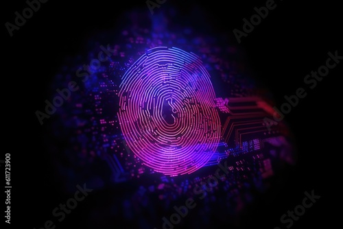 Advanced security technology, neon light background with fingerprint sensor. Generative AI