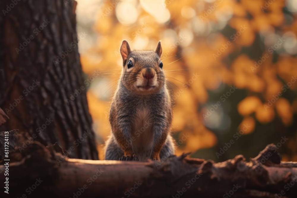 Photo of a squirrel walking on a tree branch. Generative AI Photo of a squirrel walking on a tree branch. Generative AI