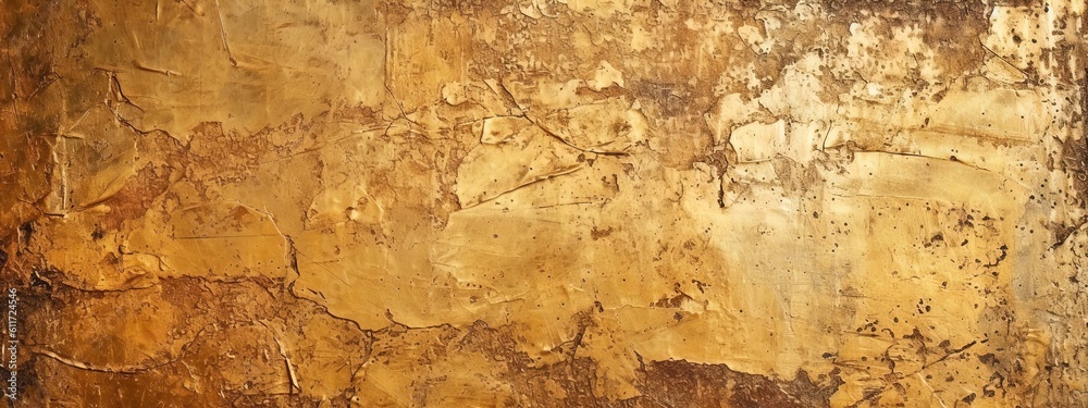 Distressed painted surface. Gold, brown, black antique and aged metal, wall. Vintage texture backdrop. Generative Ai.