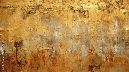 Distressed painted surface. Gold, brown, black antique and aged metal, wall. Vintage texture backdrop. Generative Ai.