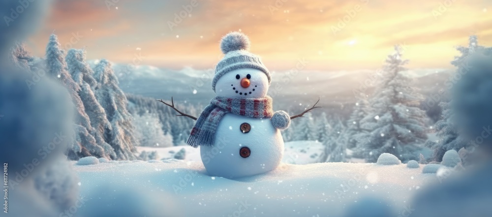 Obraz premium Snowman in the snow, in front of glowing lights and defocussed in the background. Christmas Concept. Generative AI