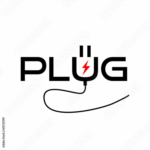 Plug word design with plug symbol in letter U.