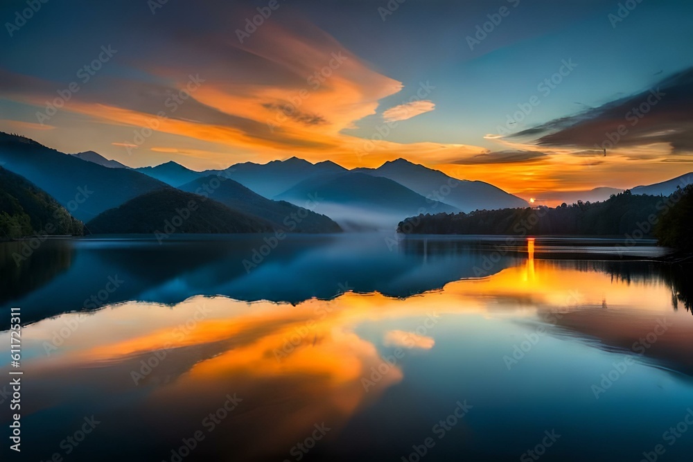 sunrise over lake by AI generating