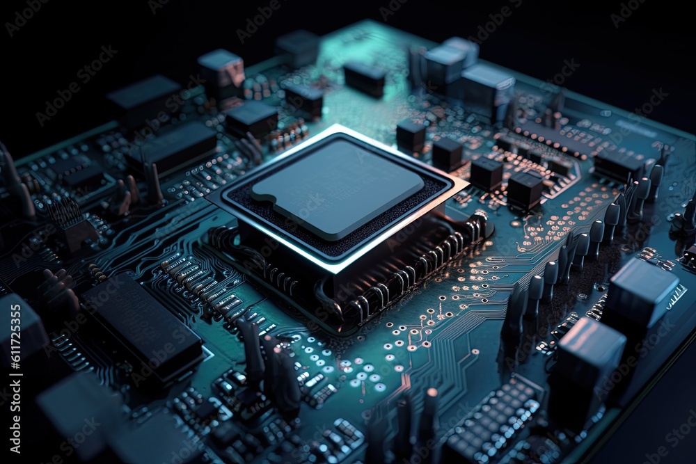 Close up of electronic circuit board with processor. 3D rendering, Information technology concept with a futuristic motherboard, Ai Generated Close up of electronic circuit board with processor. 3D rendering, Information technology concept with a futuristic motherboard, Ai Generated