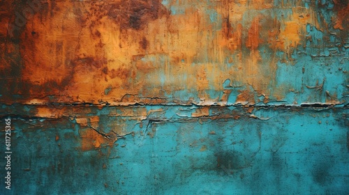 Distressed painted surface. Teal, turquoise and antique aged metal, wall. Vintage texture backdrop. Generative Ai. photo