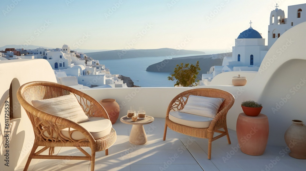 Santorini-Inspired Terrace Overlooking Aegean Sea, Whitewashed Buildings, Azure Dome, Rattan Furniture, Mediterranean Calm Morning Ambiance - Generative AI