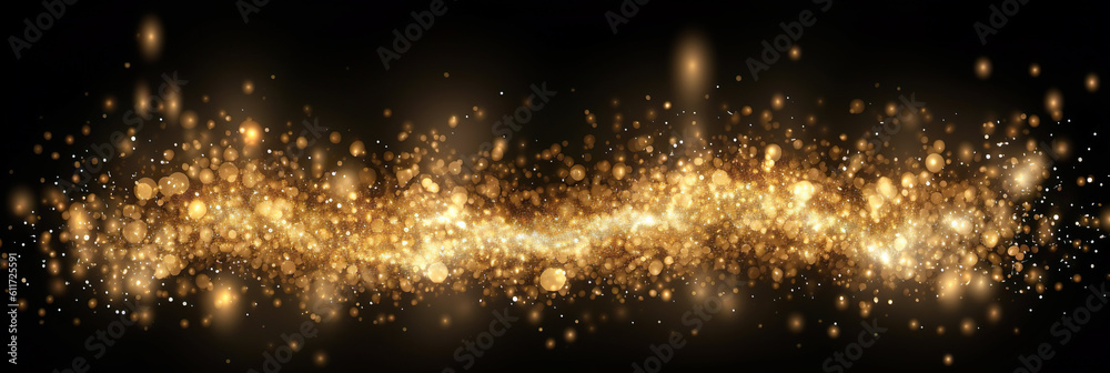 Golden color waves on black background and bokeh. Generative AI.