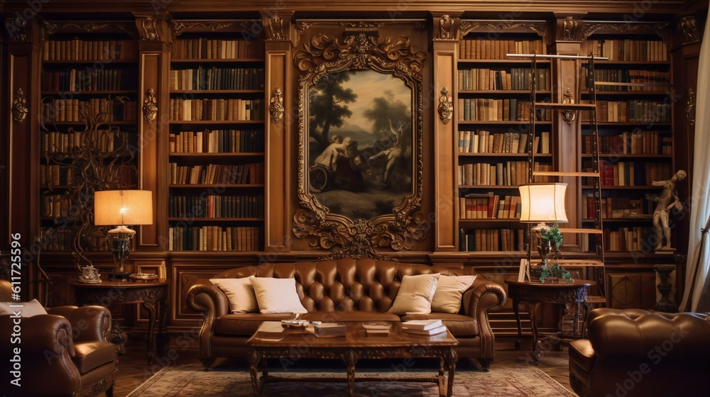 Elegant Vintage Library Interior, Rich Mahogany, Leather Couch, Classic Artwork, Illuminated Ambiance, Grand Bookshelves, Evening, Opulence in English Manor - Generative AI - obrazy, fototapety, plakaty 