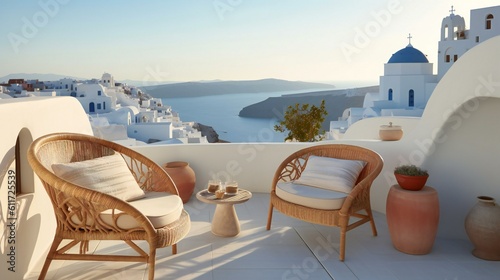 Santorini-Inspired Terrace Overlooking Aegean Sea, Whitewashed Buildings, Azure Dome, Rattan Furniture, Mediterranean Calm Morning Ambiance - Generative AI © Sparkls