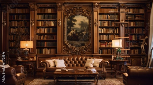 Elegant Vintage Library Interior, Rich Mahogany, Leather Couch, Classic Artwork, Illuminated Ambiance, Grand Bookshelves, Evening, Opulence in English Manor - Generative AI photo