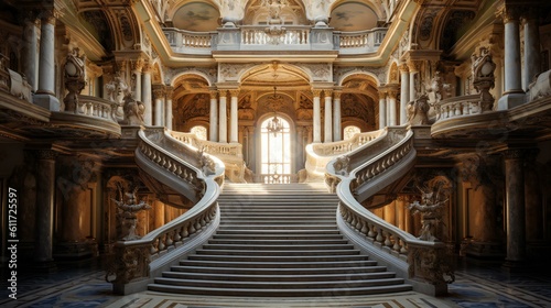 Opulent Luxurious, Grand Hall Interior, Grand staircase, Marble and gold, Chandelier lighting, Extravagant Noon in Monaco - Generative AI