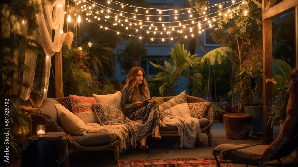 Bohemian Evening Oasis Terrace, Warm fairy lights, Greenery, Earthy tones and textures, Comfortable lounging, Intimate ambiance in a Serene Urban Balcony - Generative AI