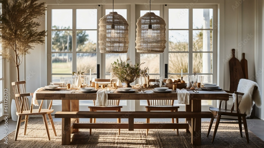 Rustic Elegance Dining Room Interior, Wooden table and chairs, Nature-inspired accents, Rattan cage chandeliers, Warm sunlight, Peaceful Afternoon Countryside View - Generative AI