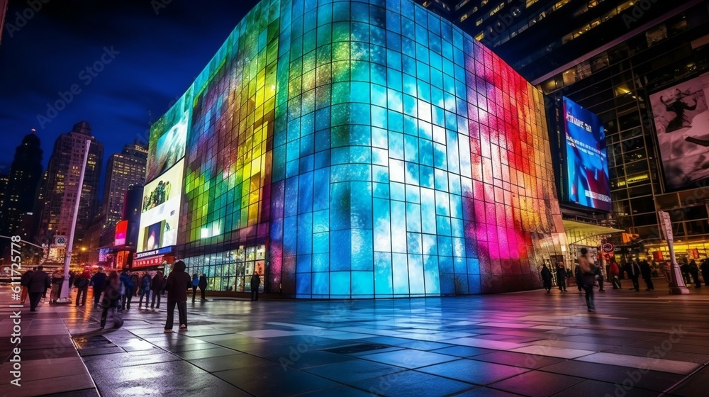 Digital Art Building LED screen wall, Smooth glass, RGB spectrum, LED light, Times Square in Night, New York, USA Futuristic, Techno Style - Generative AI