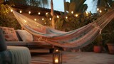 Tropical Bohemian Evening Retreat, Hammock and lanterns, Ambient string lights, Terracotta pots, Cozy textures, Sunset atmosphere in a private Californian backyard oasis - Generative AI.