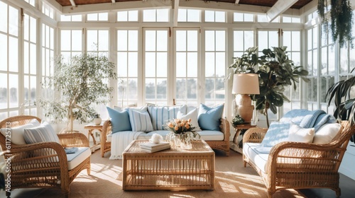 Coastal, Patio Home Interior Design, Blue and Beige, Wood, Natural sunlight, Pacific Palisades, Coastal Beach Style, Late Afternoon in Australia - Generative AI photo