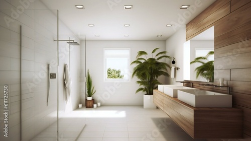 Scandinavian Minimalist Design Bathroom  Walk-in shower  Tile and wood   IKEA style  Refreshing Morning in Beverly Hills  USA - Generative AI