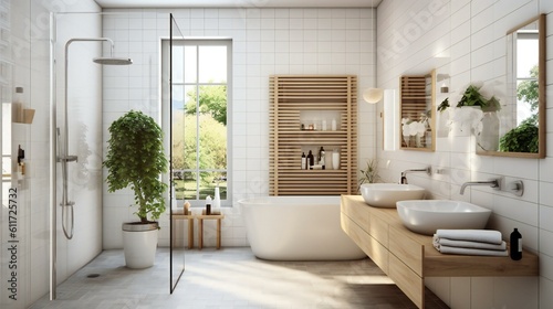 Scandinavian Minimalist Design Bathroom, Walk-in shower, Tile and wood,  IKEA style, Refreshing Morning in Beverly Hills, USA - Generative AI © Sparkls