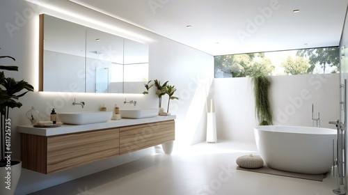 Scandinavian Minimalist Design Bathroom, Walk-in shower, Tile and wood, IKEA style, Refreshing Morning in Beverly Hills, USA - Generative AI