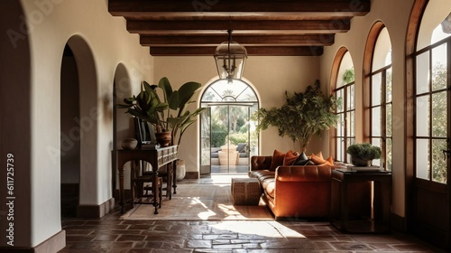Spanish Revival Foyer  Arched doorway  Terracotta and plaster  Restoration Hardware  Natural sunlight in the Afternoon in California  USA - Generative AI