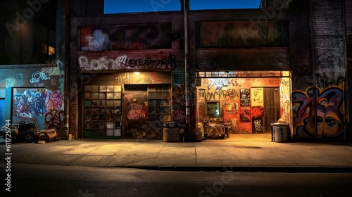 Urban Alley Street Scene, Graffiti Art Walls, Ambient Storefront, Atmospheric Evening, Moody, Derelict, Vintage Feel in Downtown City Vibe - Generative AI photo