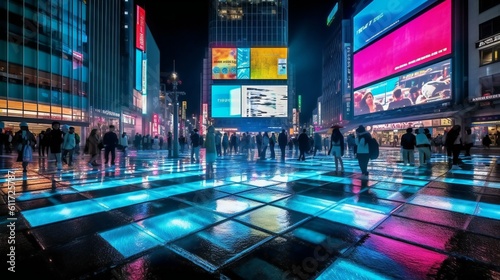 Digital Art High Tech Holographic projection City Exterior Buildings Design , RGB spectrum, Projected light, Futuristic Night in Tokyo Shibuya Crossing, Night - Generative AI