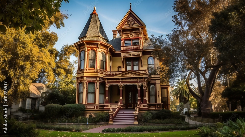 Fototapeta premium Victoria Mansion with Ornate detailing, Wood and brick, Natural sunlight in Historic District in Los Angeles, USA, Morning, Regal - Generative AI
