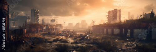 post apocalyptic skyline  ruined skyscrapers  banner  generative AI
