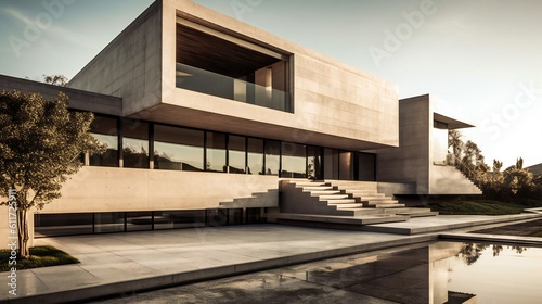 Contemporary Mansion Design Exterior with Minimalist facade, Concrete and glass, Neutral minimalist tones, Noon in Brentwood, Contemporary Modern Architecture - Generative AI