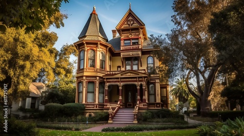 Victoria Mansion with Ornate detailing, Wood and brick, Natural sunlight in Historic District in Los Angeles, USA, Morning, Regal - Generative AI