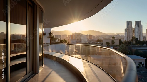 Modern Luxurious Condominium, Balcony view, Glass and steel, Zaha Hadid Architects, afternoon in Downtown Los Angeles, USA Morning, Sleek design - Generative AI © Sparkls